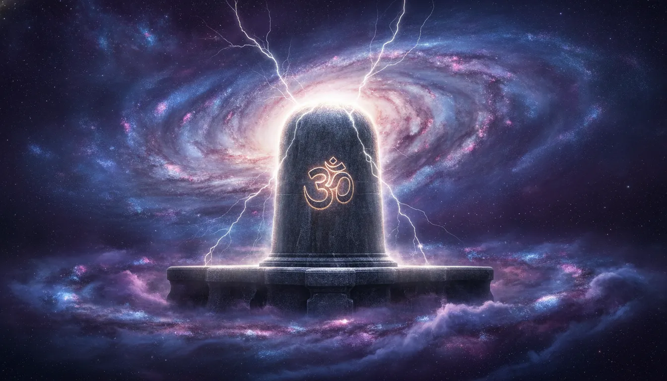 Fierce Mahakal shivling standing strong amidst a cosmic universe storm