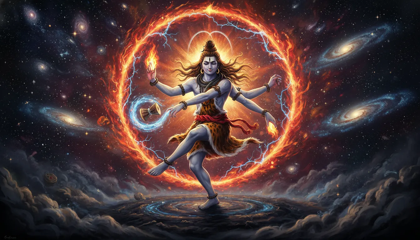 Lord Shiva performing the fiery cosmic Tandava dance as Mahakal surrounded by a ring of divine fire.