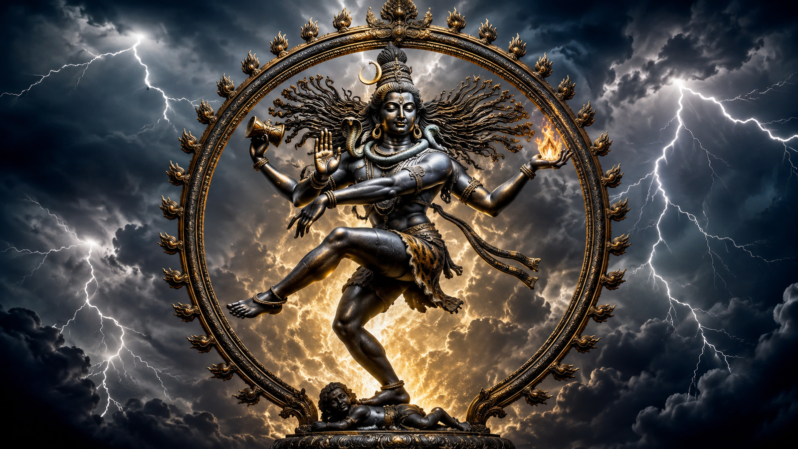 Majestic image of Lord Shiva Nataraja dancing amidst cinematic lightning bolts and dark storm clouds.