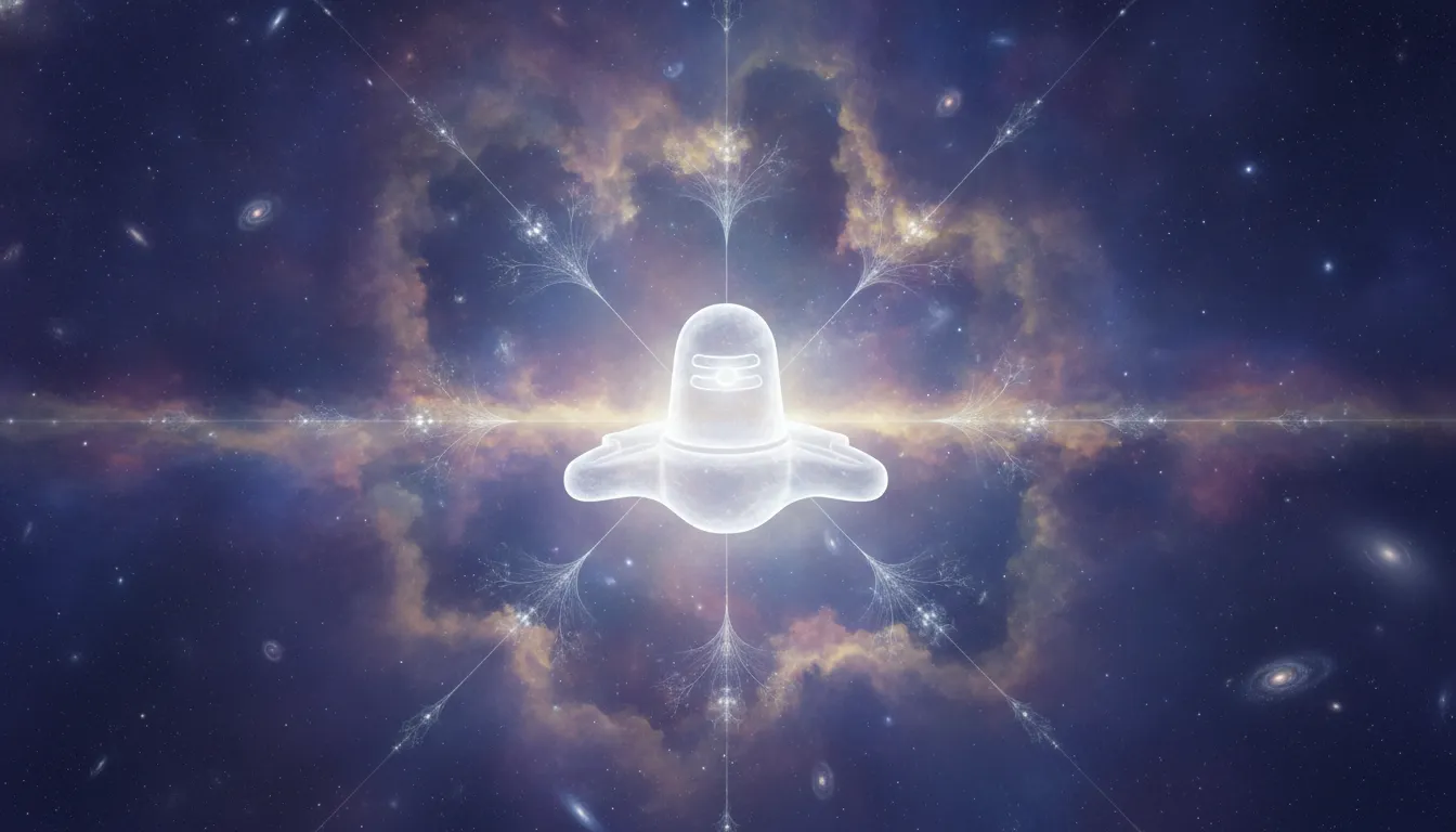 Ethereal Bahubali 2 white colour shivling image fading into a vast cosmic background filled with nebulae and distant stars.