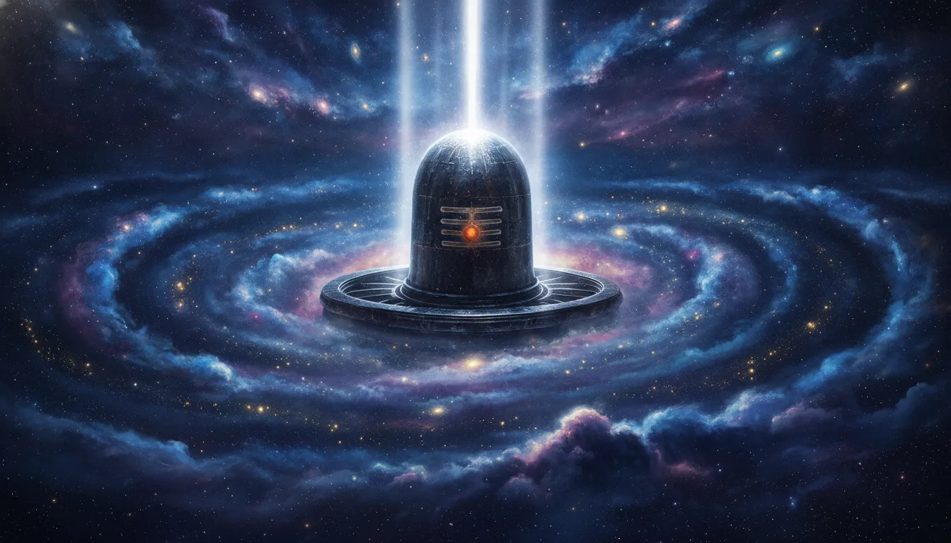 An artistic representation of a dark Shivling surrounded by cosmic blue nebulae and golden stars.