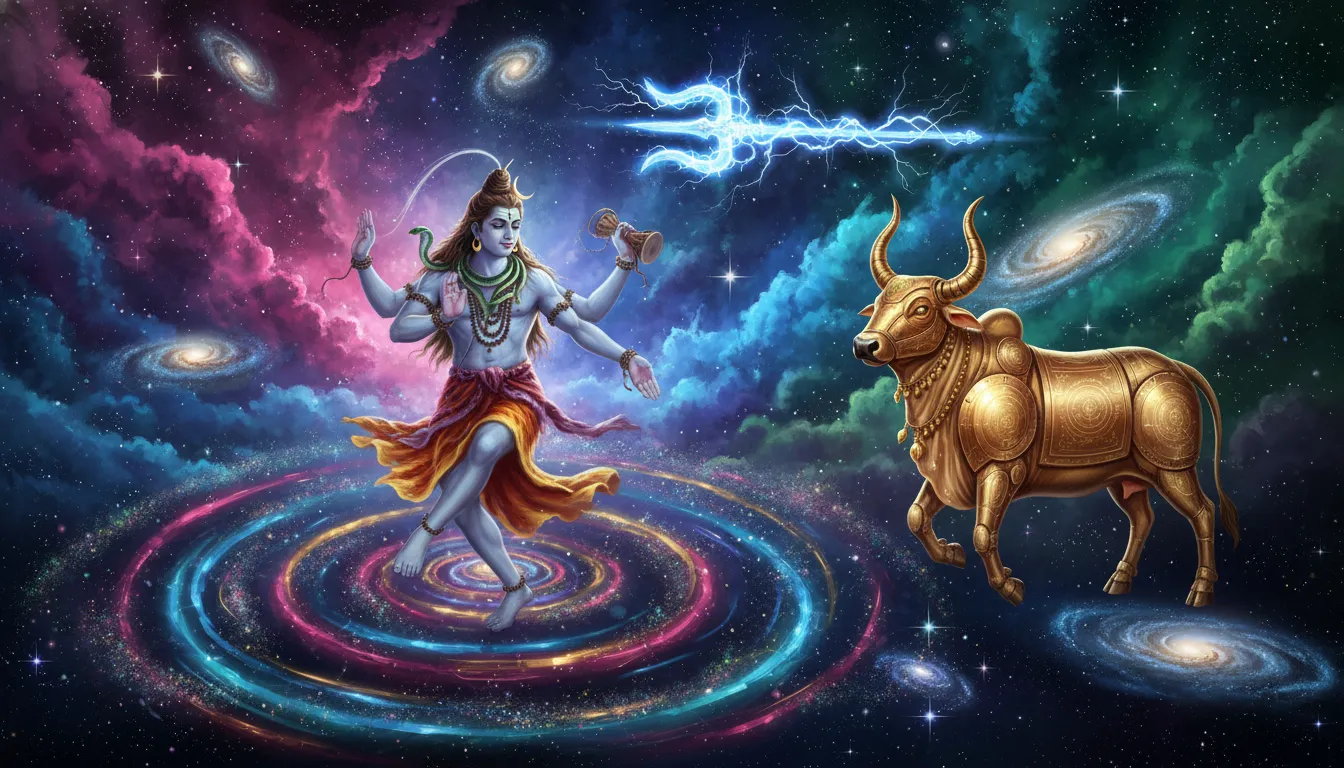 Lord Shiva dancing amidst stars and galaxies in deep space with his bull Nandi.