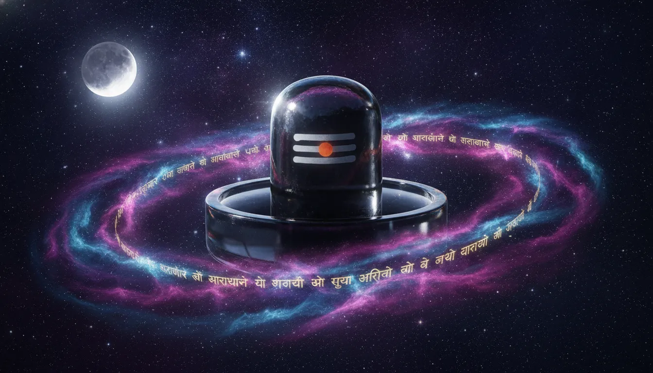 Cosmic energy radiating from a powerful Lord Shiva Shivling against a background of galaxies and nebulas.