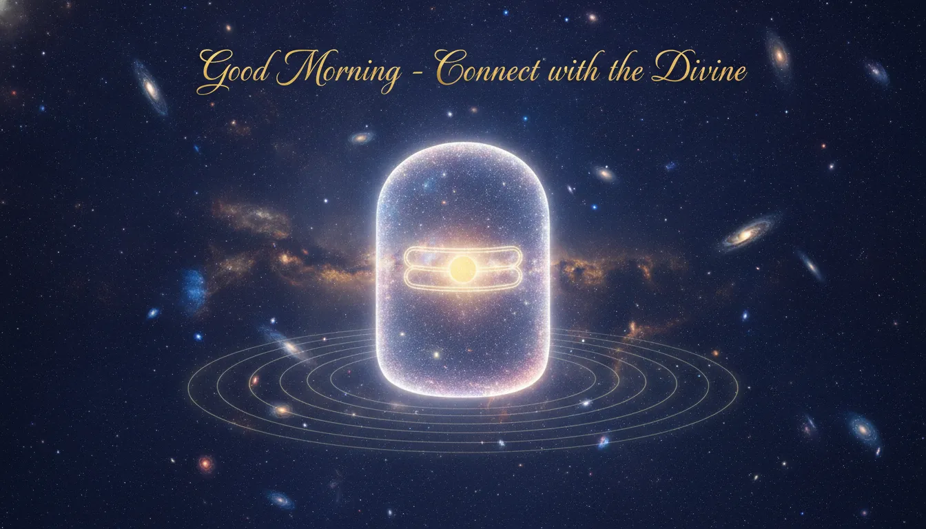 An abstract cosmic background with galaxies and a translucent Shivling representing infinite energy.