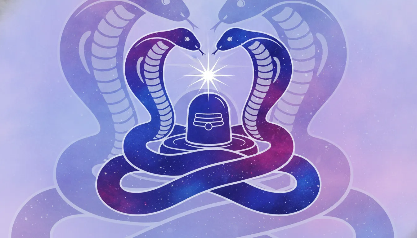 Cosmic galaxy watercolor style dual snake with shivling vector image with starry background elements.