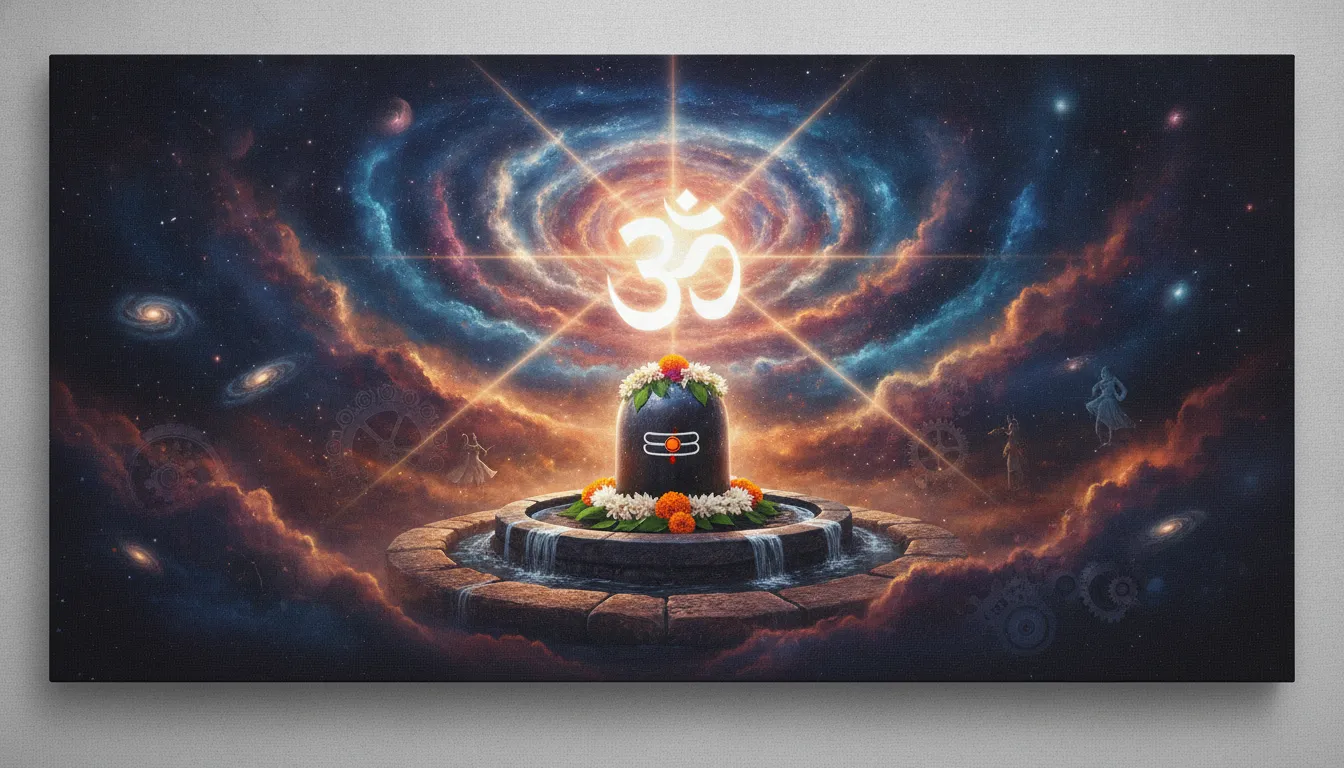 An artistic representation of a dark Shivling set against a deep space nebula of swirling blues and purples, with a large, golden, glowing Om symbol hanging above it like a celestial body.