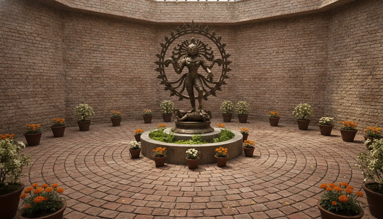 An artistic bronze Nataraja statue installed in the center of an open-air brick courtyard surrounded by potted terracotta plants.
