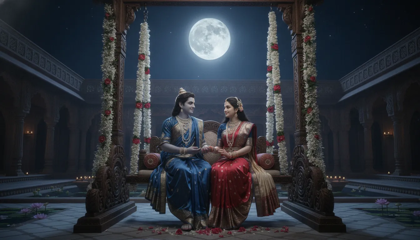 A traditional divine couple sitting together on a decorated wooden swing under a full moon.