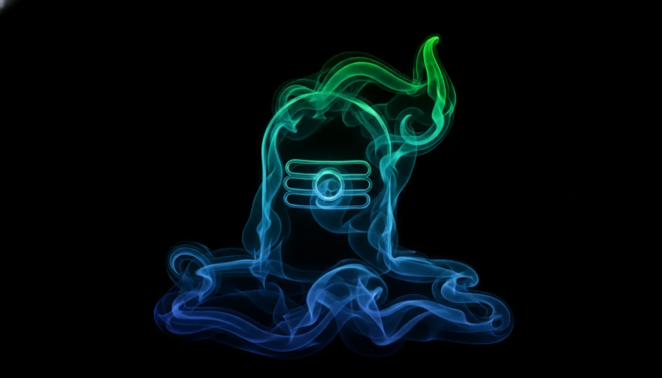 Abstract animated image of a Shivling formed by colored smoke.
