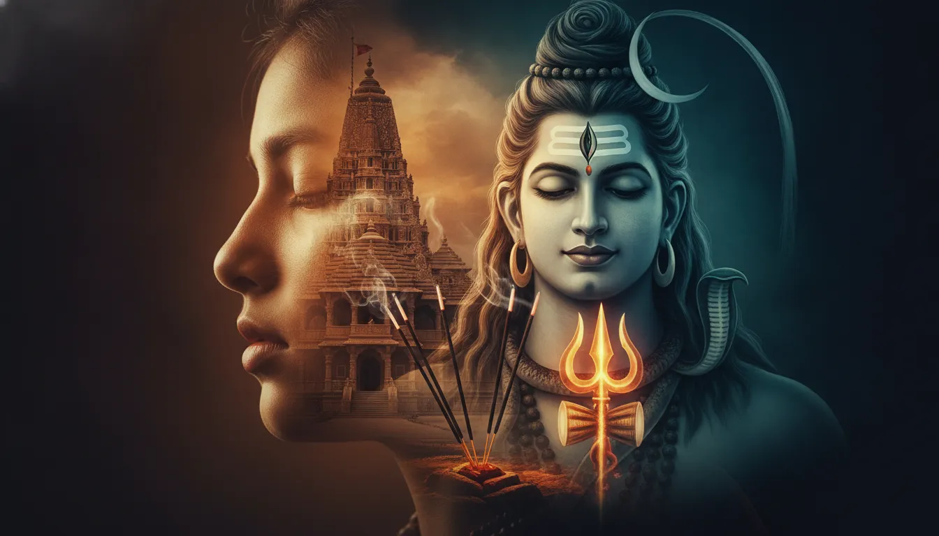 Double exposure photo editing combining a boy's face with a Lord Shiva portrait.
