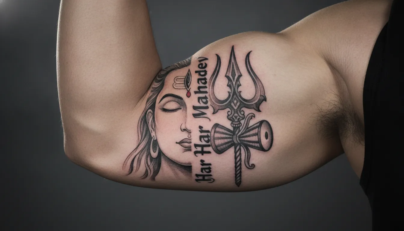 Creative half-face Lord Shiva and half-trishul tattoo photo with text on bicep.