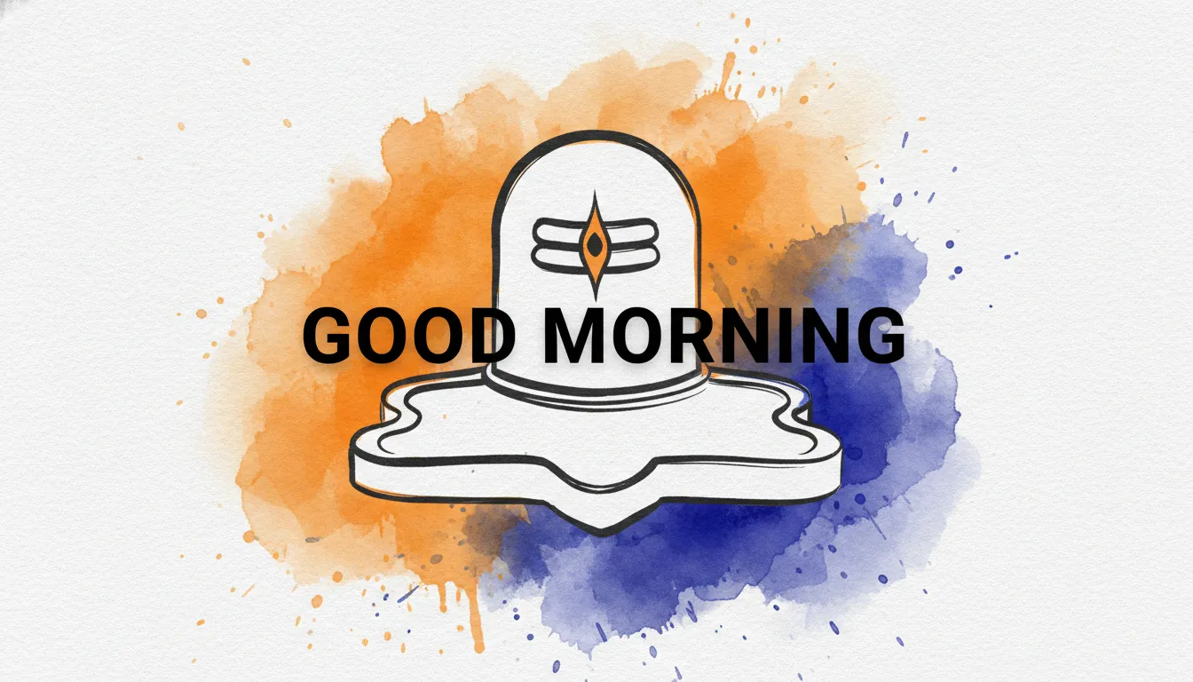 An artistic watercolor painting of a Shivling with vibrant orange and blue hues for morning greetings.