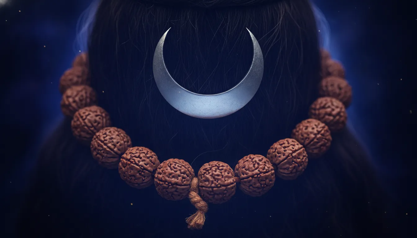 Close-up of a sacred Rudraksha mala and crescent moon on Lord Shiva with blue backlighting