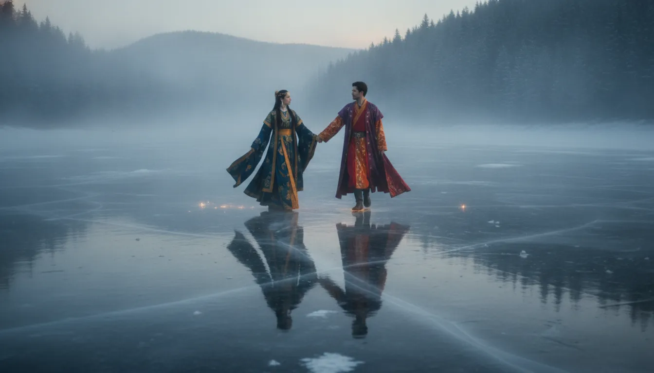 Divine couple carefully walking across a solid frozen river surrounded by misty winter mountains.
