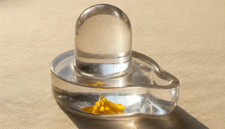 Transparent sphatik shivling images with morning sunlight reflection