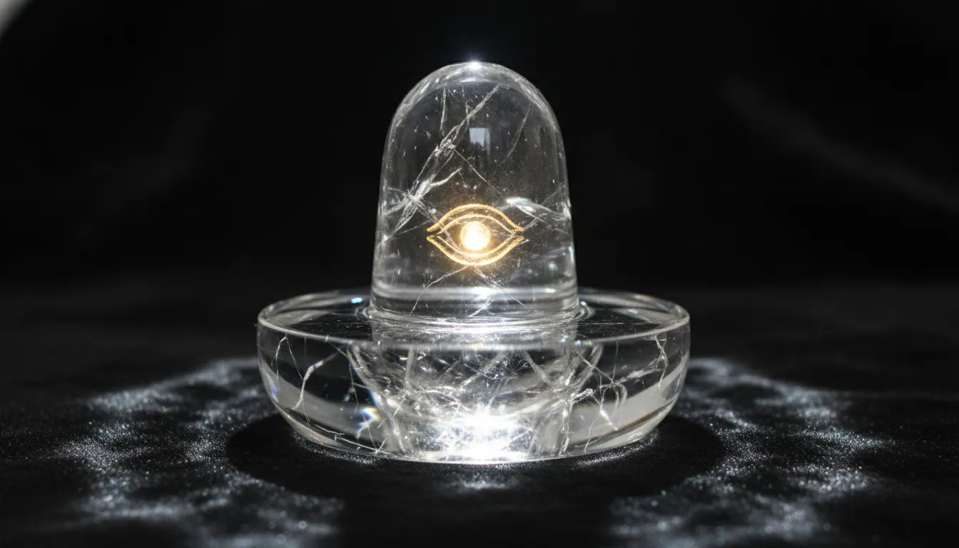 A translucent clear quartz crystal Shivling with a glowing golden third eye embedded deep inside the crystal structure.