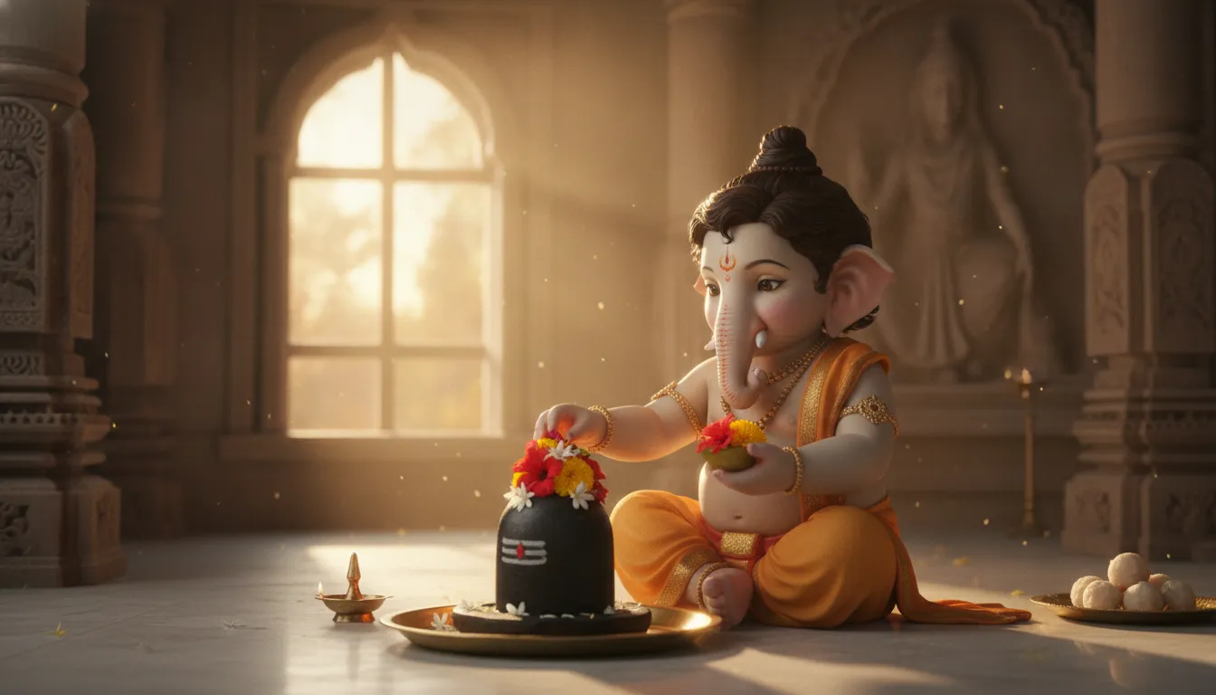 Cute child Lord Bal Ganesha sitting on a stone floor and offering fresh flowers to a small black Shivling