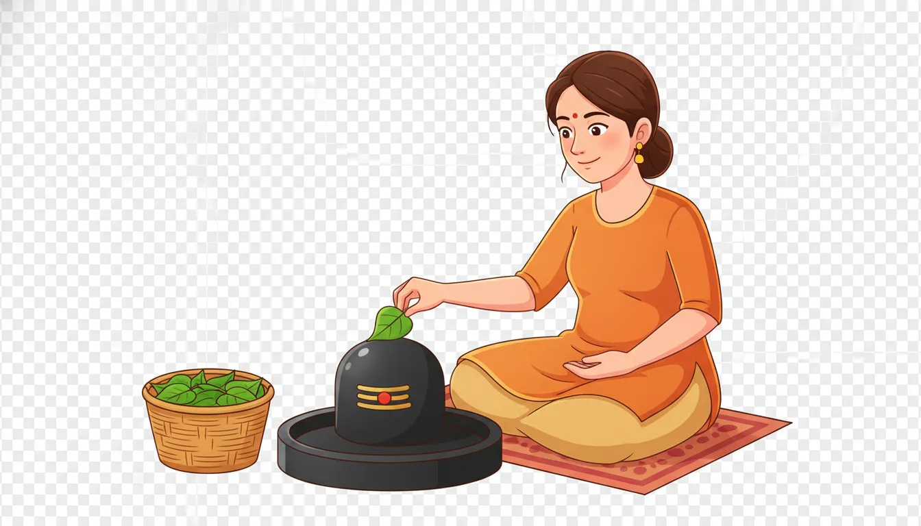 Cute digital design of shivling pooja by lady cartoon png images placing sacred trifoliate bel patra leaves on Lord Shiva's symbol.
