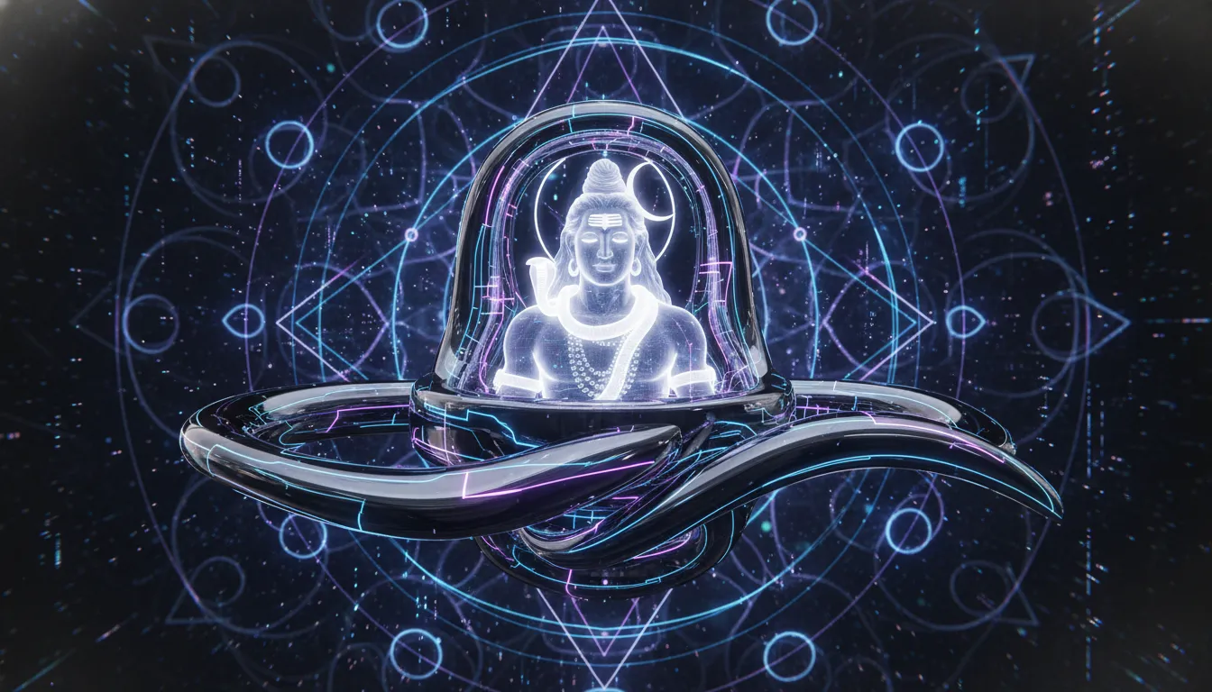 Modern neon image of lord shiva in shivling art combining tradition with futuristic style.
