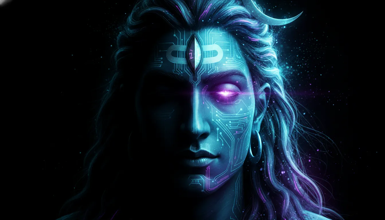 Futuristic cyberpunk style art of Lord Shiva face with glowing blue circuit lines on a dark background.