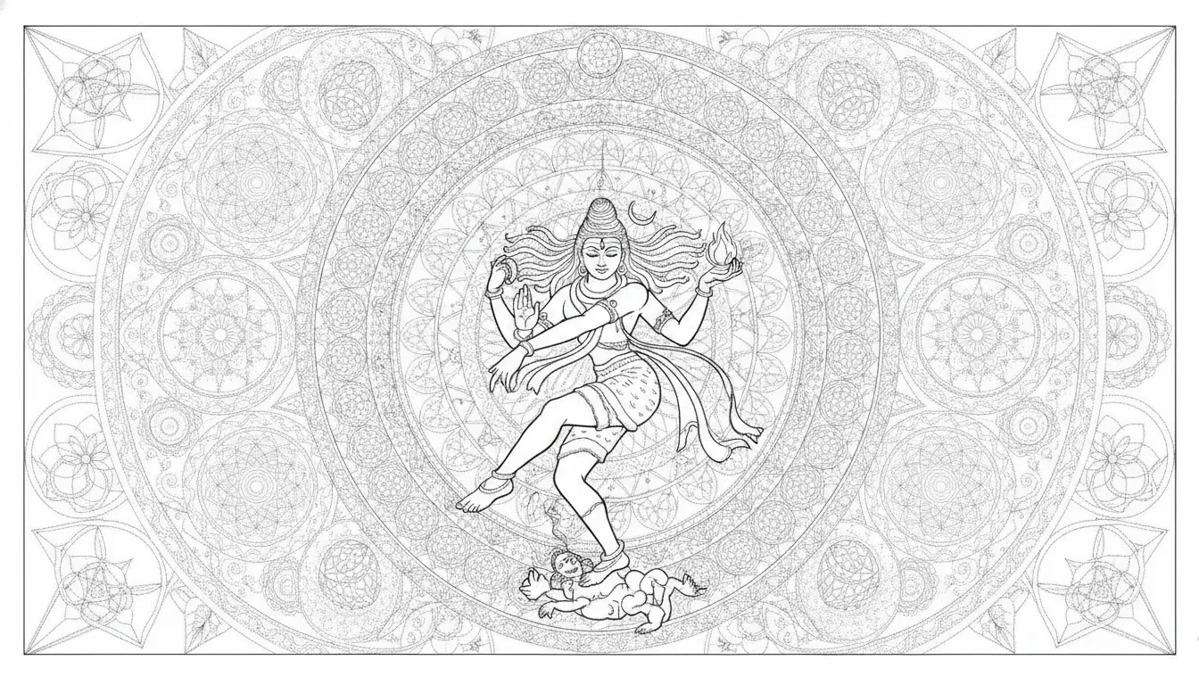 Intricate sacred geometry mandala behind a clean line art depiction of dancing Nataraja.