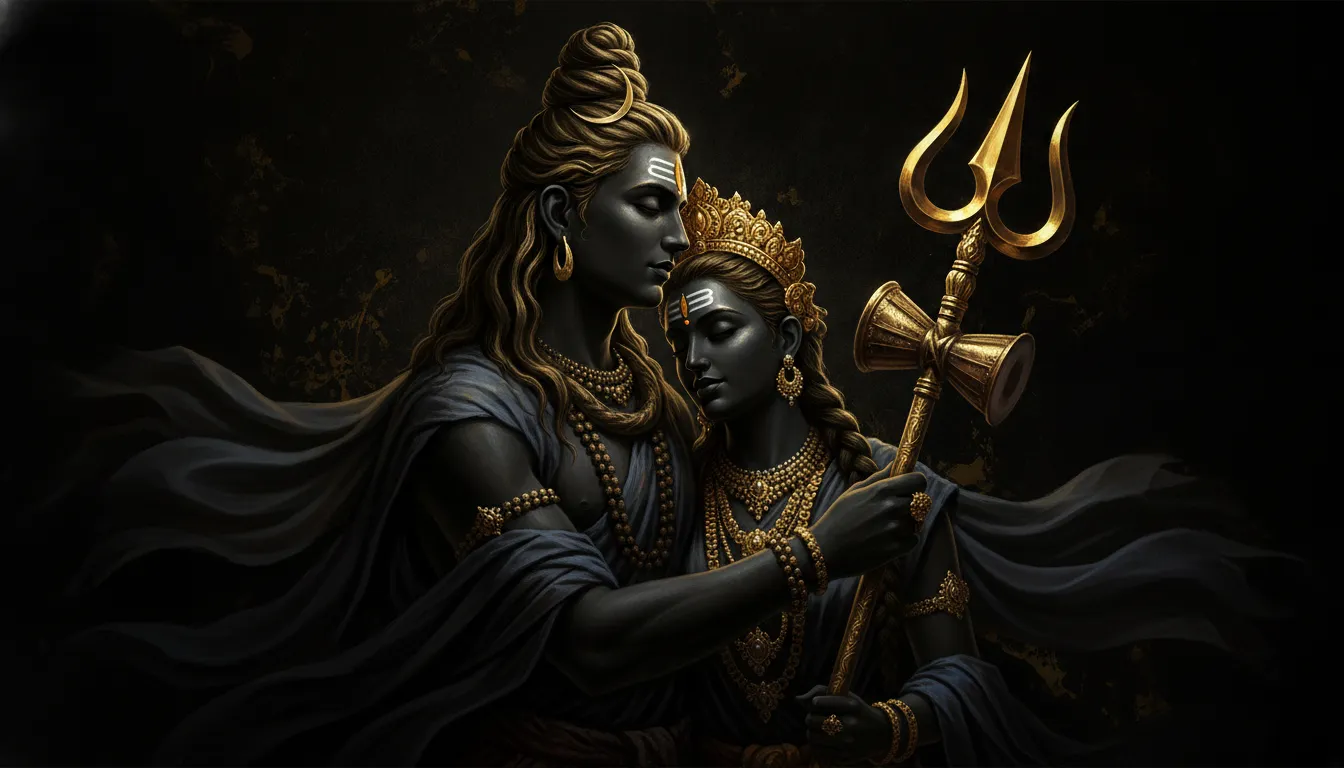Moody dark portrait of Shiva and Parvati highlighted with glowing gold ornaments and jewelry