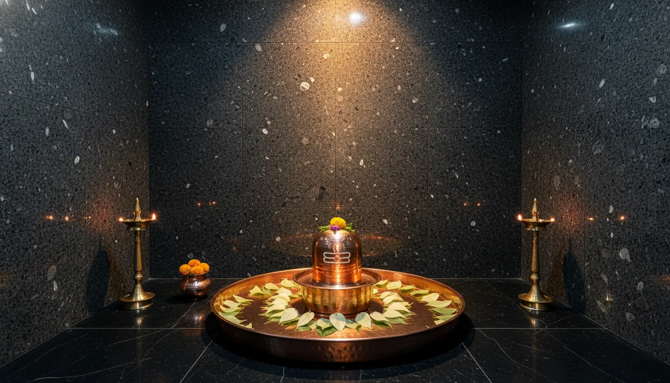 Luxury dark granite finish pooja room design featuring a pure copper Shivling.