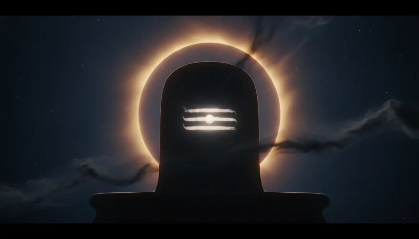 Mystical images of lord shivling in anger silhouetted against a dark solar eclipse sky.