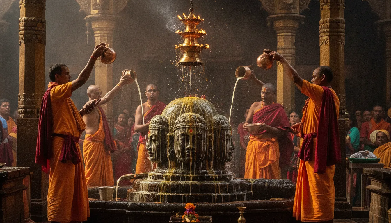 Early morning silver plated Pashupatinath Shivling Nepal with priests performing holy water abhishekam and offering prayers