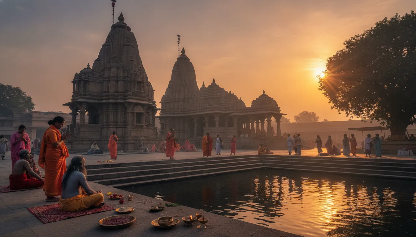 Priests and devotees performing morning rituals and chanting prayers at Kashi Vishwanath Temple during sunrise.
