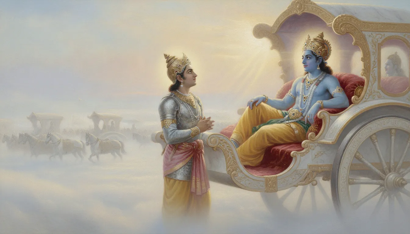 Golden morning light shining on a divine chariot with a blue-skinned figure and a warrior in royal armor.