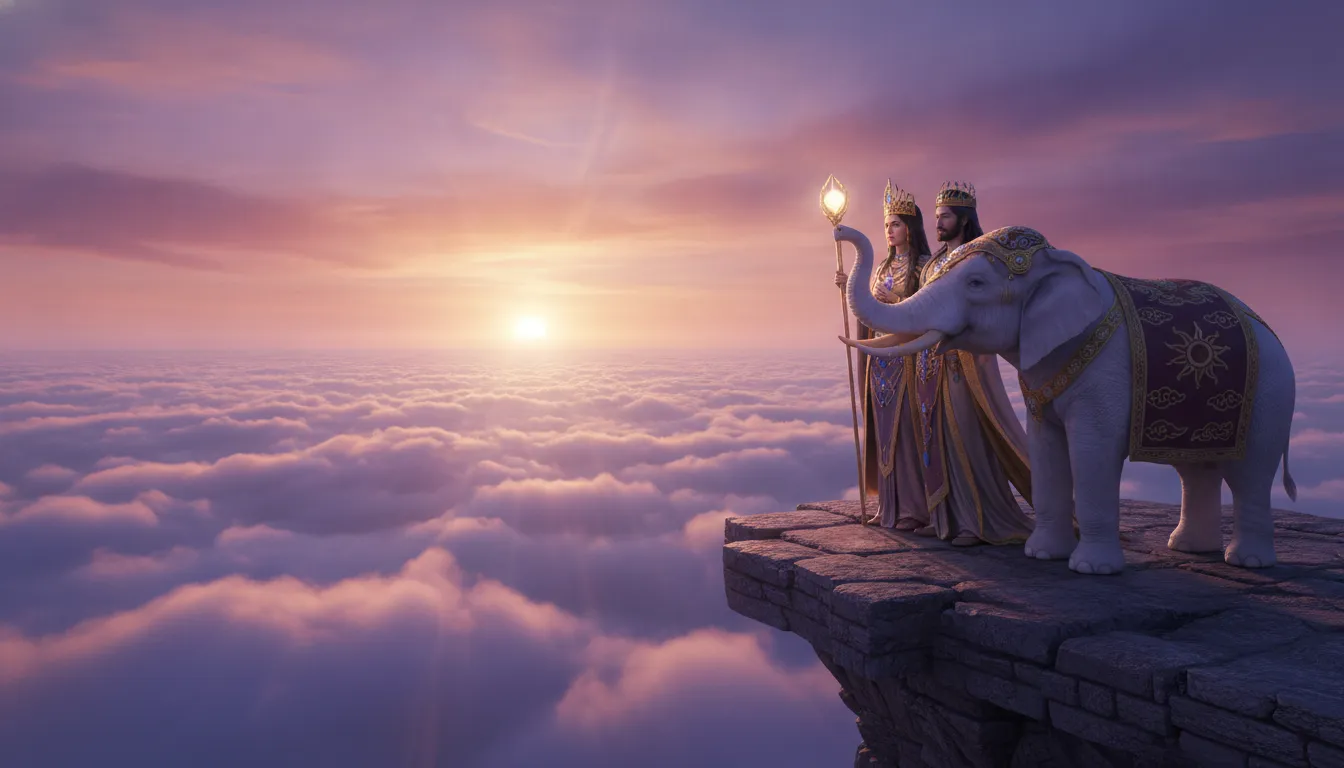 Divine couple viewing a sunrise over a vast mountain range with an elephant