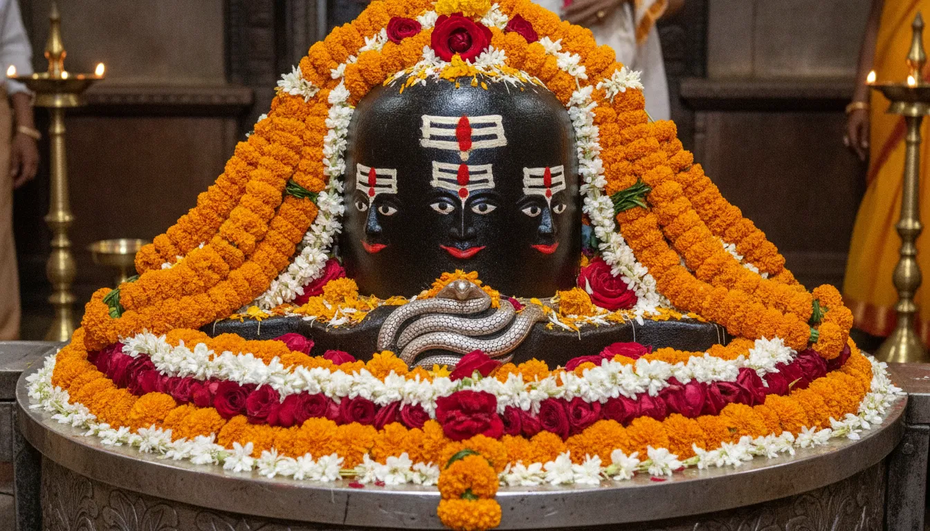 Pashupatinath Shivling beautifully decorated with sandalwood paste, tripundra tilak, and fresh marigold flower garlands.