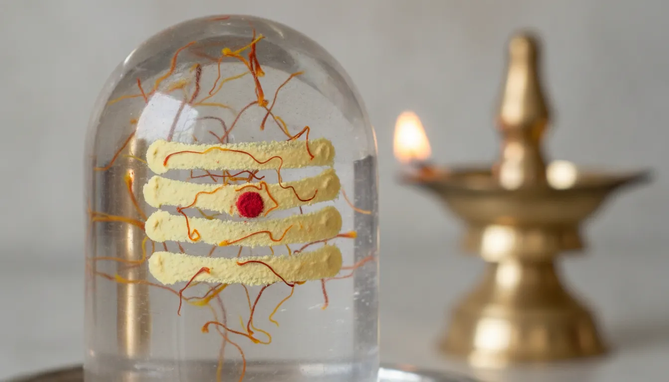 Sphatik shivling images decorated with saffron and sandalwood tilak