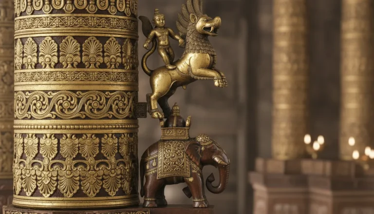 An ornate temple pillar shows a child-like figure climbing beside a lion-like creature and an elephant in a traditional carved style.