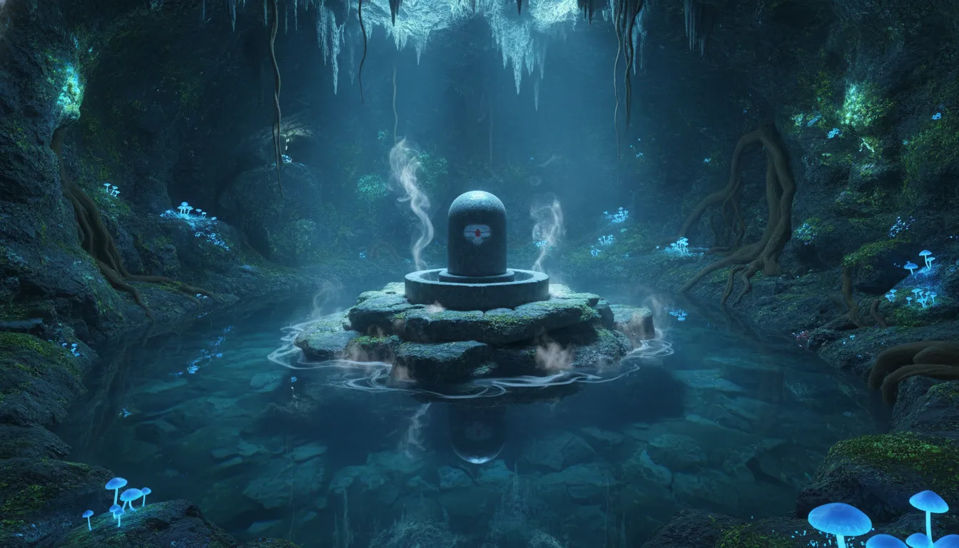 A beautiful unique shivling image inside a deep underground cave surrounded by glowing blue plants.