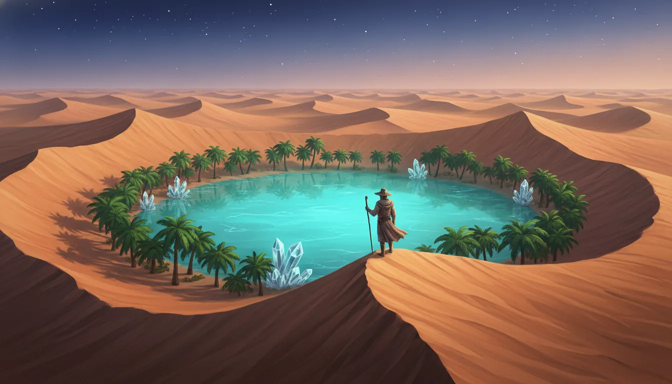 A traveler discovering a glowing crystal oasis in the middle of a vast desert landscape