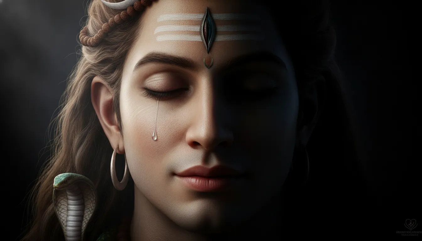 Ultra-realistic hyper-detailed digital art of Lord Shiva face with dramatic side lighting and dark shadows.