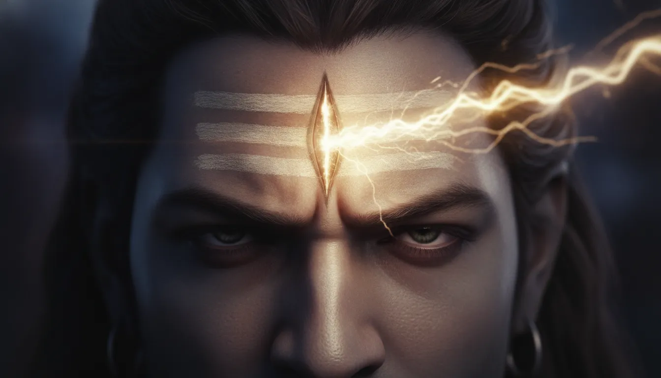 An ultra-realistic closeup of Lord Shiva’s forehead showing his third eye beginning to crackle with golden energy.