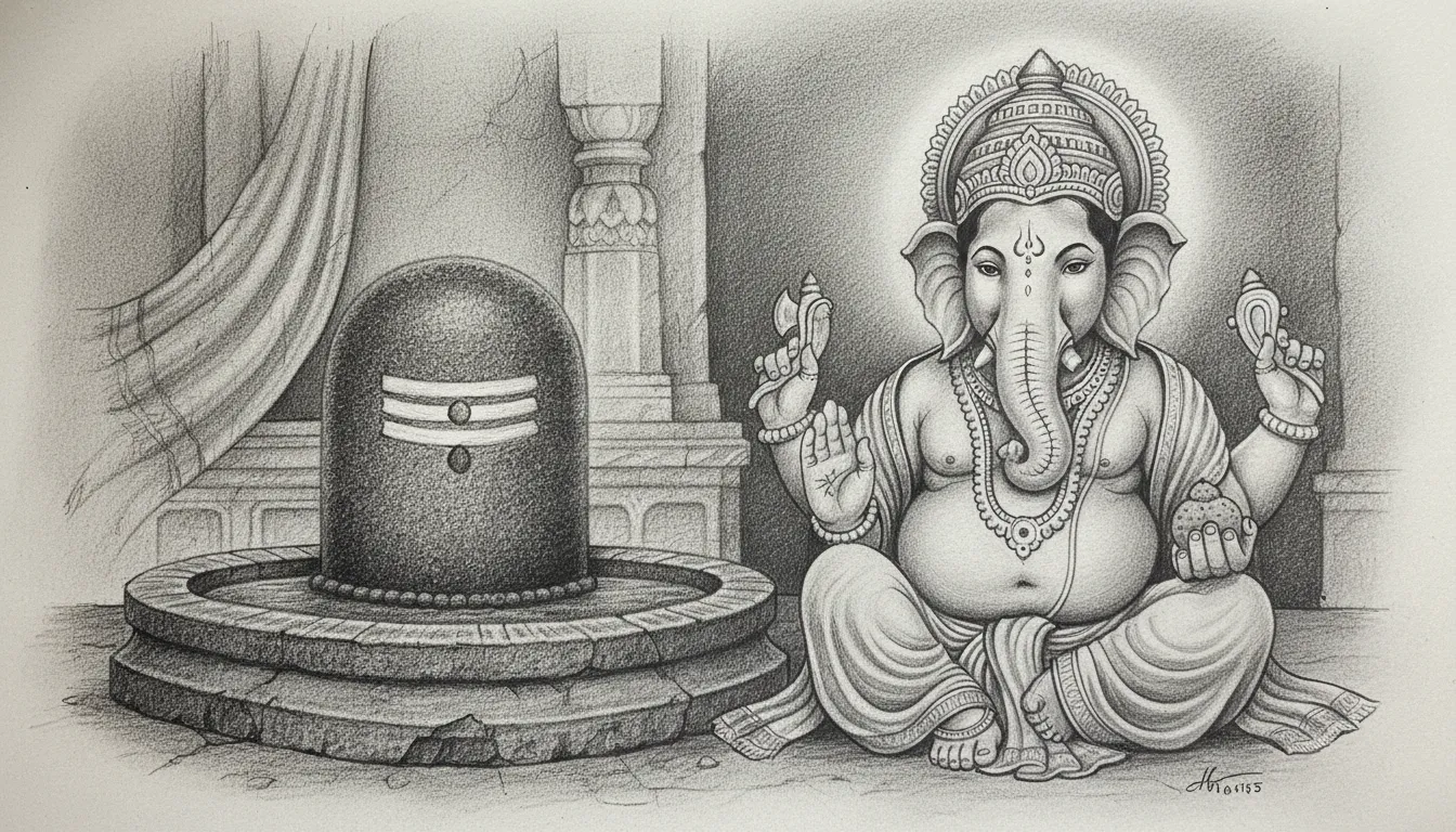 Monochrome pencil sketch full hd images of shivling with ganesha with high artistic detail and shading.