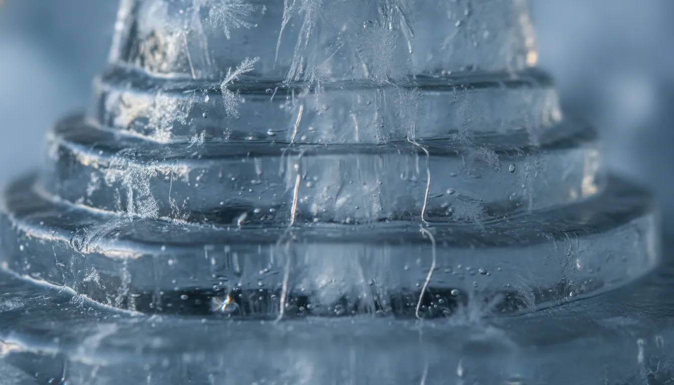A detailed macro view showing the natural layered ice textures and frost patterns of an ice shivling.