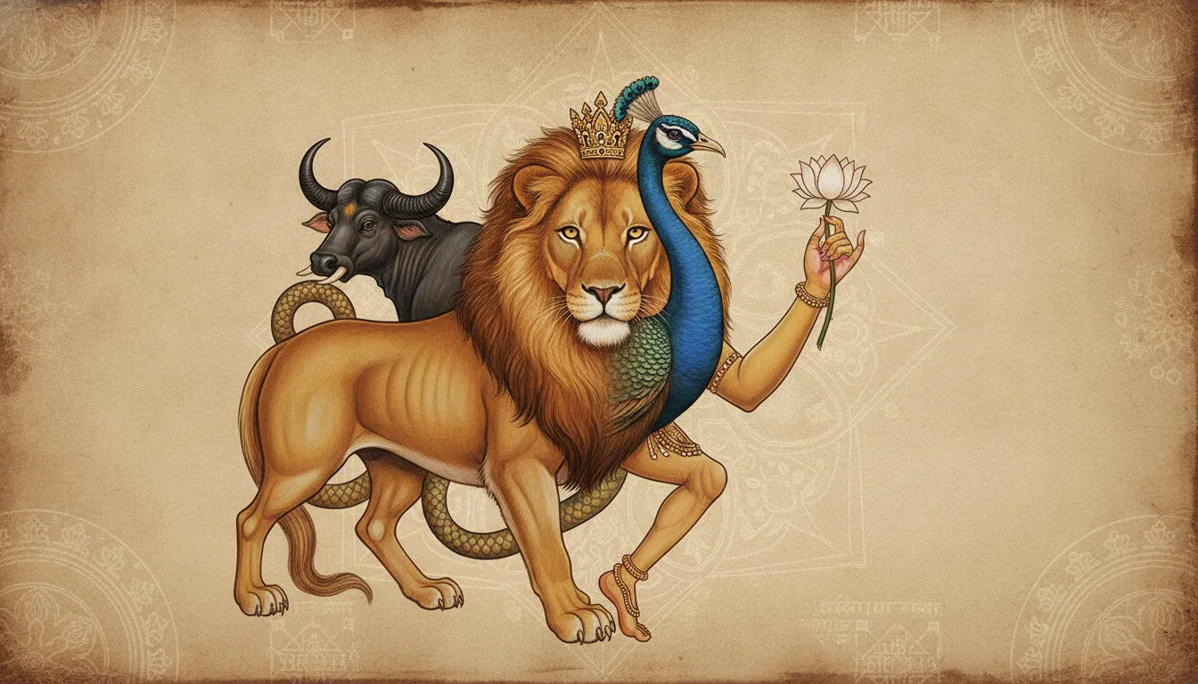 A close-up artistic rendering focusing on the complex animal transitions of the Navagunjara body.