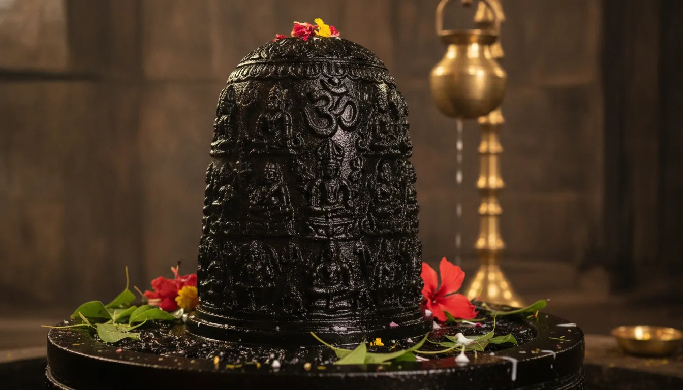 Close-up shot showing the intricate details and textures of the Kashi Vishwanath Shivling.