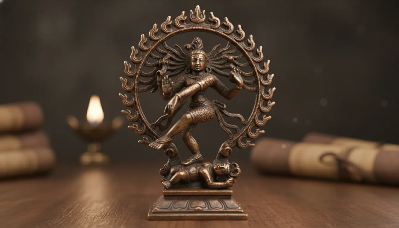 Close-up of a detailed miniature bronze dancing Shiva statue with fine textures