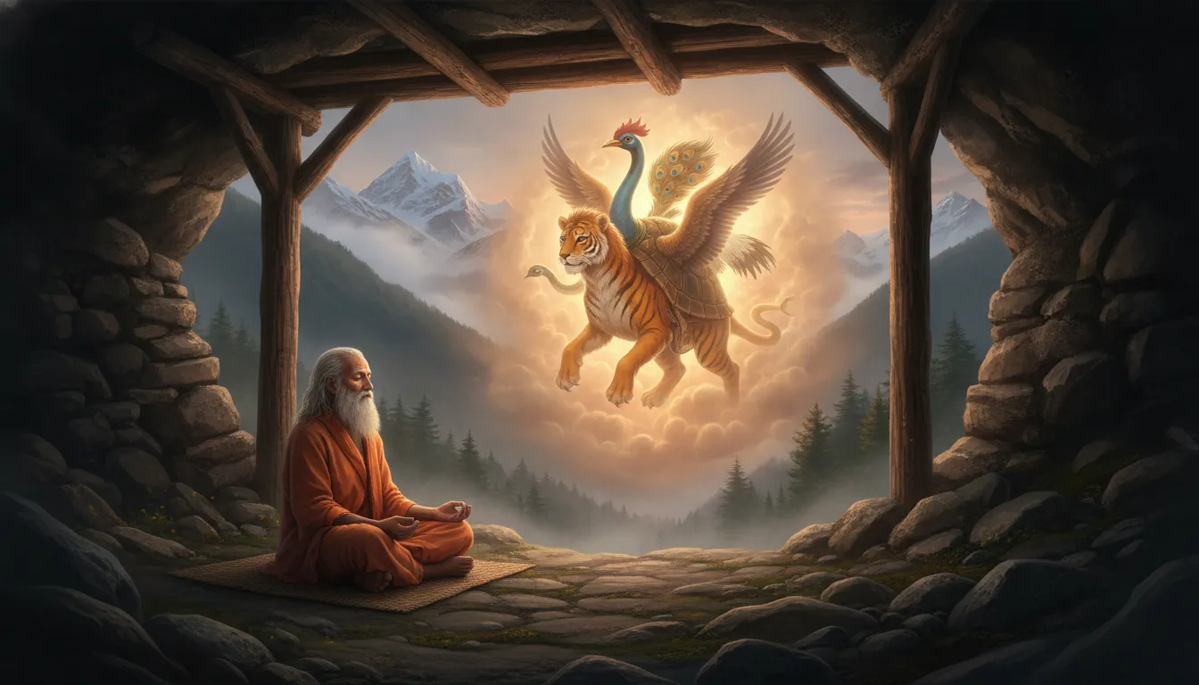 A peaceful hermit meditating in front of the brilliant, multi-animal Navagunjara deity.