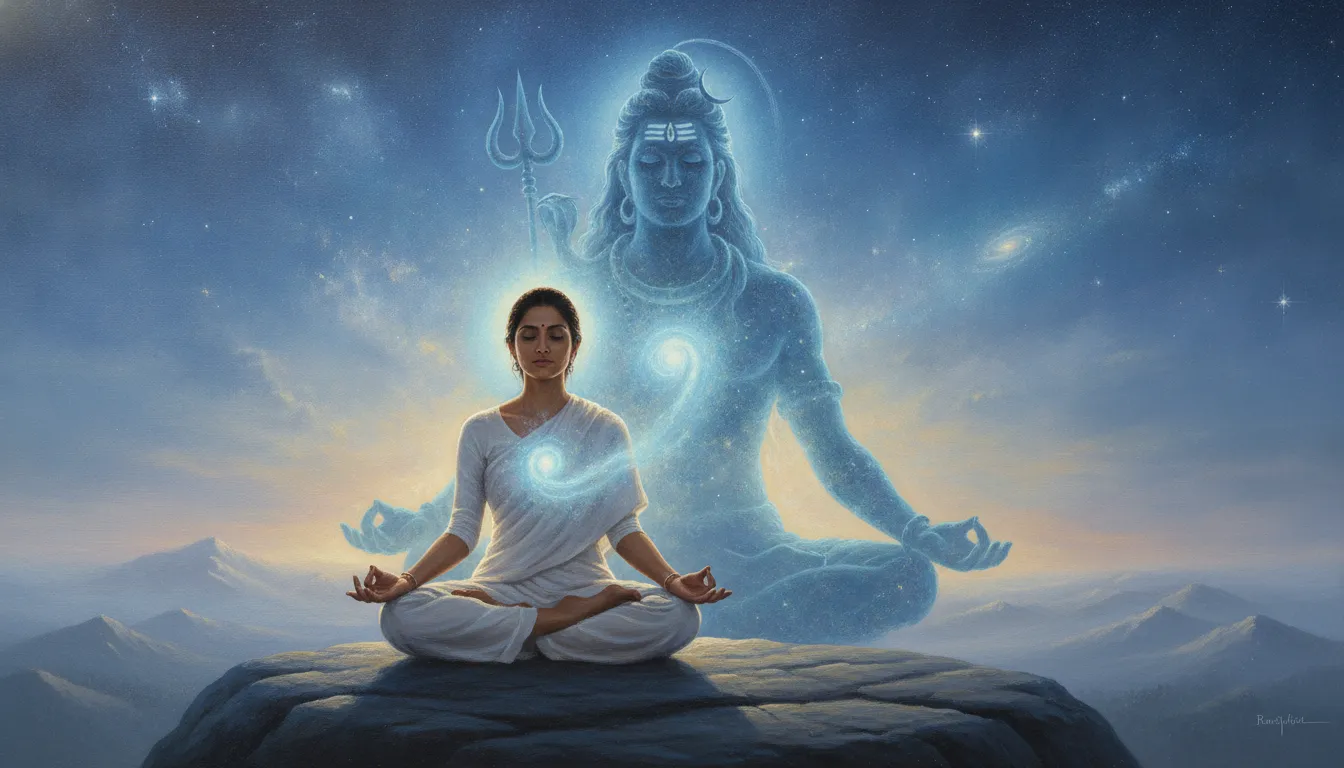A spiritual seeker meditating next to a giant glowing blue silhouette of Lord Shiva