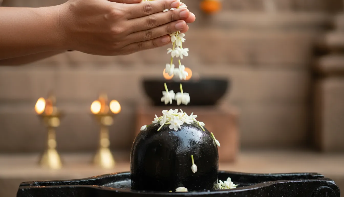 Hands of a worshipper releasing small white jasmine flowers onto a sacred shivling.