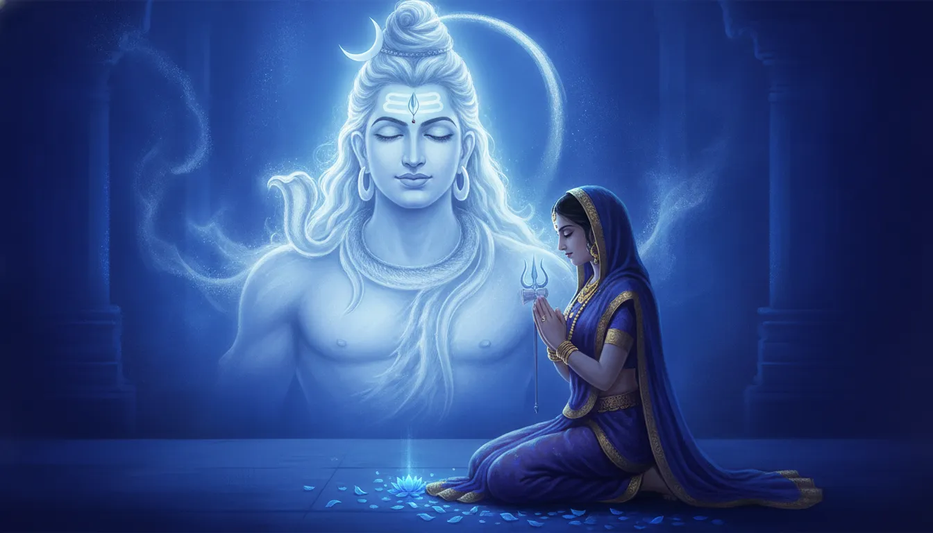 A female devotee kneeling with folded hands before a meditating Lord Shiva in blue light