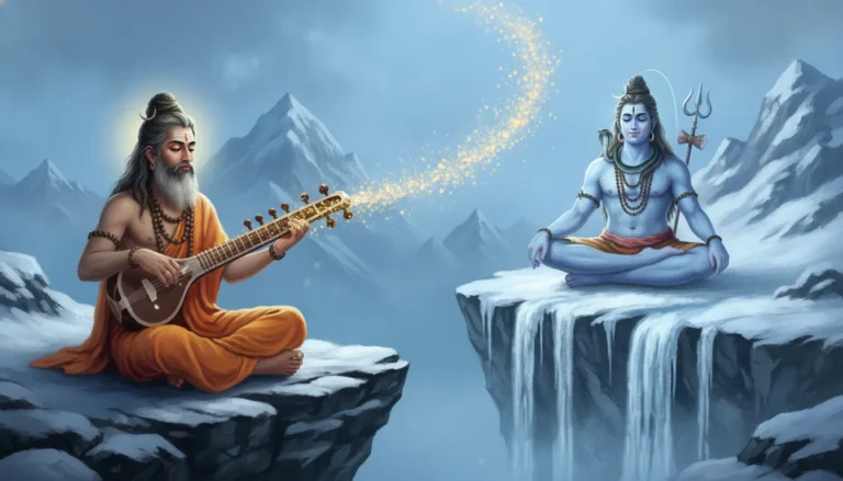 A holy sage playing a Veena instrument in front of a meditating Lord Shiva in the Himalayas.