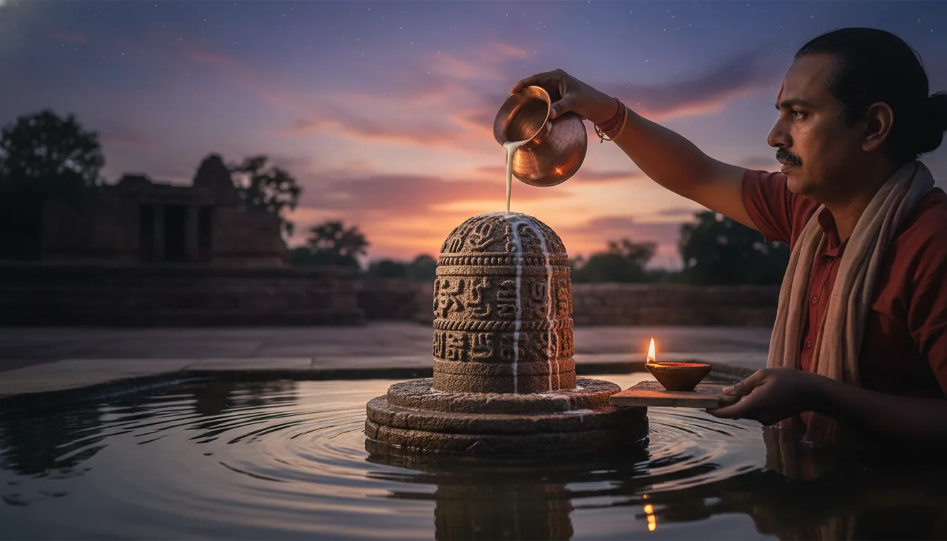 An authentic image of shivling in water with a person pouring sacred water from a copper pot.